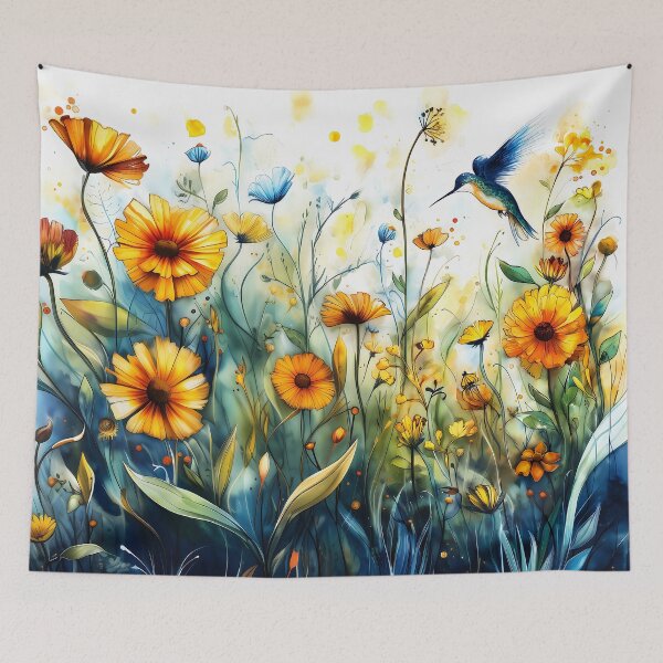 Item preview, Vibrant Watercolor Hummingbird in Wildflowers designed and sold by Boddicca.