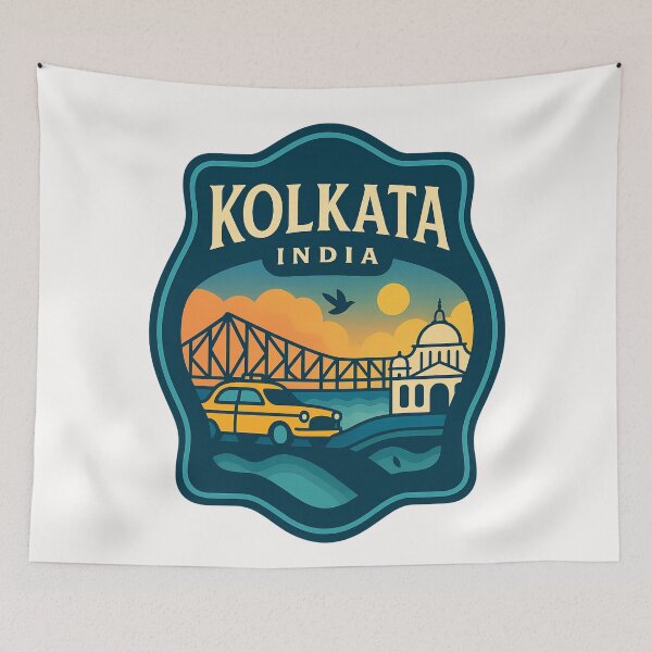 Item preview, Kolkata India Skyline with Howrah Bridge and Ambassador Taxi designed and sold by Places On Earth.