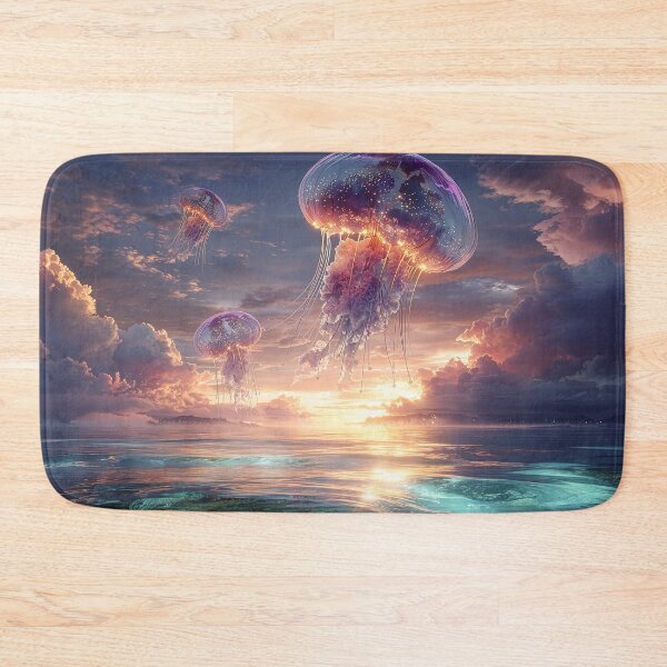Item preview, Surreal Jellyfish Floating Above Ocean At Sunset designed and sold by Jirka Svetlik, Studio Illuvision.