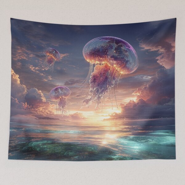 Item preview, Surreal Jellyfish Floating Above Ocean At Sunset designed and sold by Jirka Svetlik, Studio Illuvision.