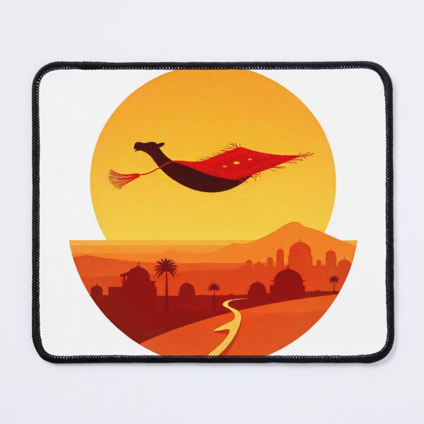 Item preview, Carpet flying over a desert landscape at sunset with a silhouette of a city in the background designed and sold by SpaceartLilu.