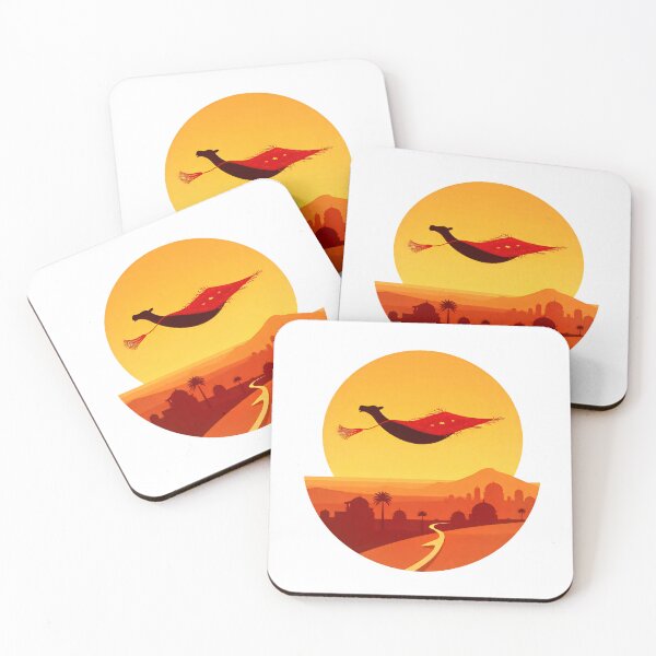 Item preview, Carpet flying over a desert landscape at sunset with a silhouette of a city in the background designed and sold by SpaceartLilu.