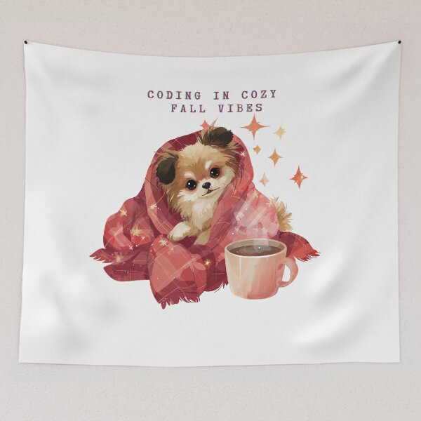 Item preview, Cozy Fall Coding Puppy with Coffee and Blanket designed and sold by Anastasiia Yurevych.