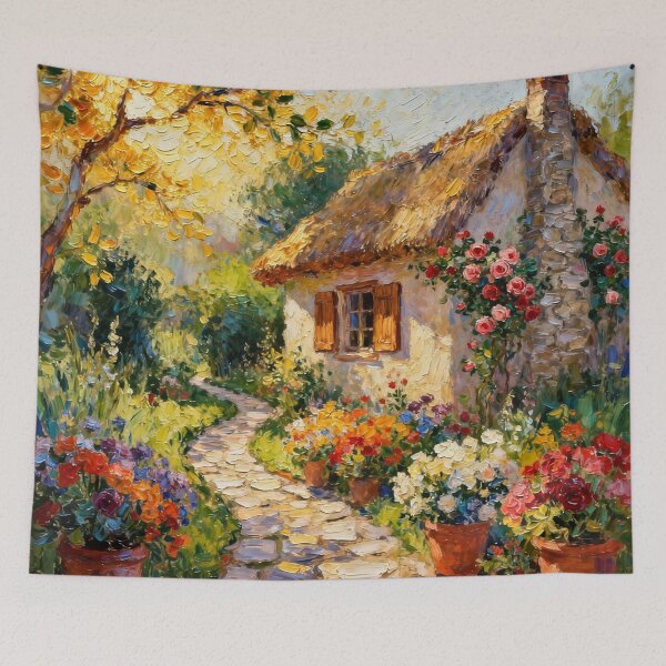 Item preview, English Thatched Cottage Garden in Summertime designed and sold by MeadowFarmPrint.
