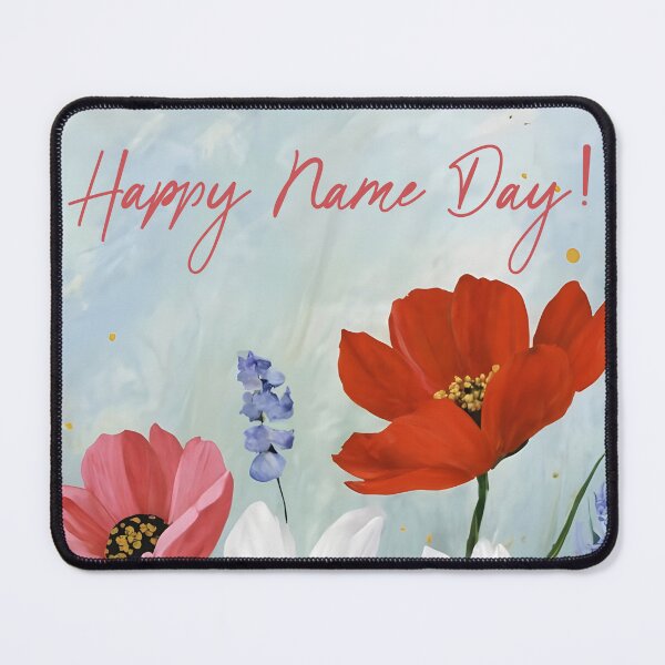 Item preview, Happy Name Day greeting with florals in red pink white designed and sold by EmeraldeaArt.