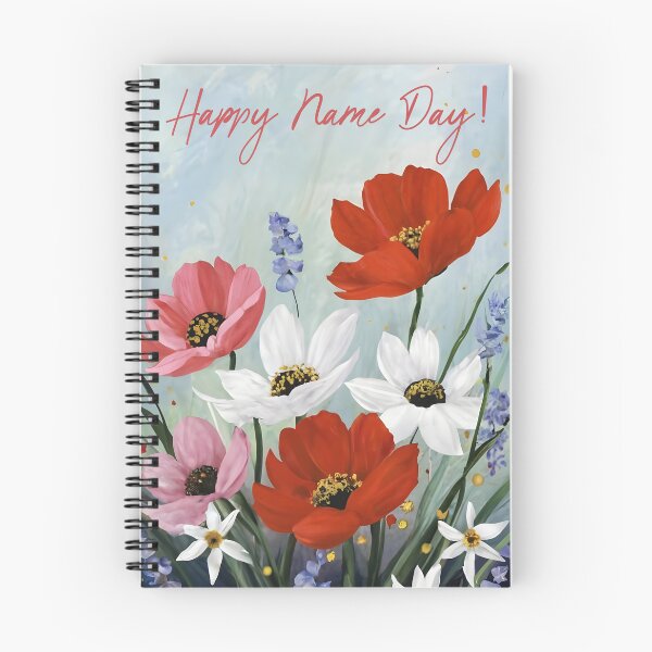 Item preview, Happy Name Day greeting with florals in red pink white designed and sold by EmeraldeaArt.