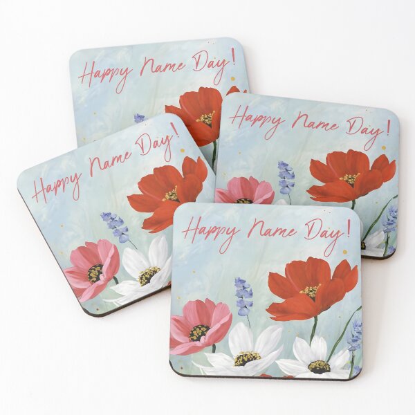 Item preview, Happy Name Day greeting with florals in red pink white designed and sold by EmeraldeaArt.