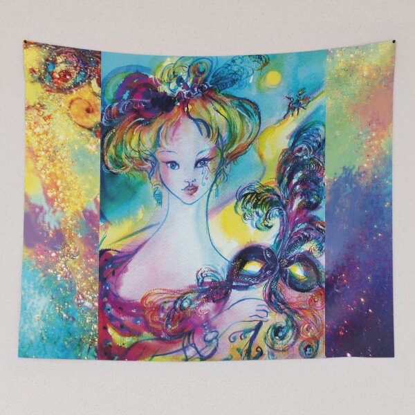 Item preview, LADY WITH FEATHERED MASK Venetian Masquerade Night Watercolor by Bulgan Lumini designed and sold by BulganLumini.