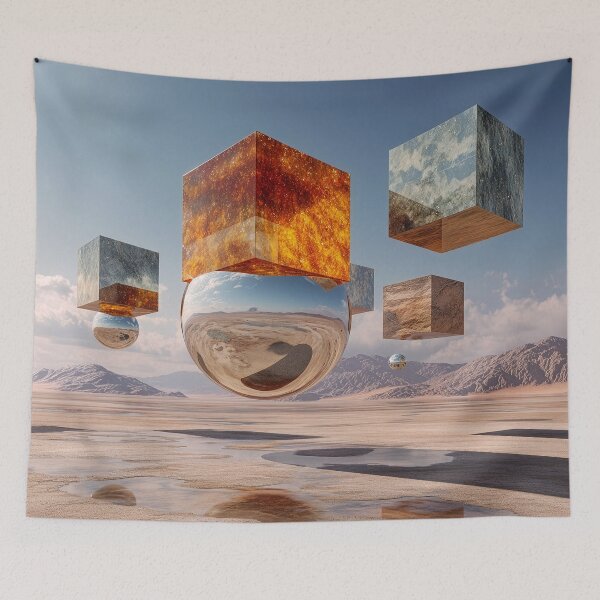 Item preview, Surreal Floating Cubes And Reflective Sphere In Desert Environment designed and sold by Jirka Svetlik, Studio Illuvision.