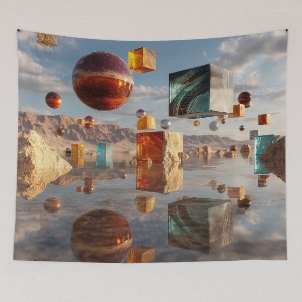 Item preview, Surreal Floating Spheres And Cubes Above Reflective Desert Lake designed and sold by Jirka Svetlik, Studio Illuvision.