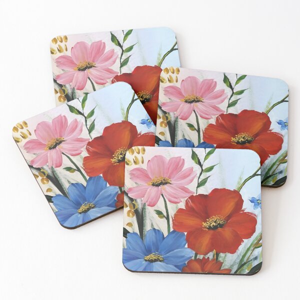 Item preview, Red Blue Pink Cosmos Flowers – Painterly Art designed and sold by EmeraldeaArt.
