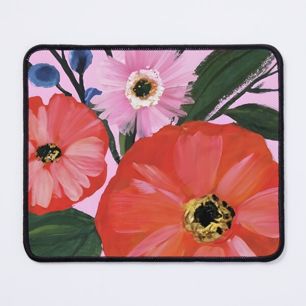 Item preview, Painterly Red and Pink Flowers with Touch of Blue on Pink Background designed and sold by EmeraldeaArt.