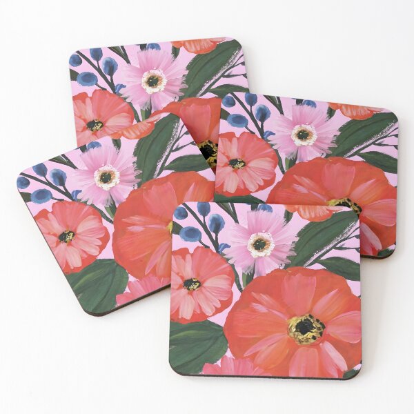 Item preview, Painterly Red and Pink Flowers with Touch of Blue on Pink Background designed and sold by EmeraldeaArt.