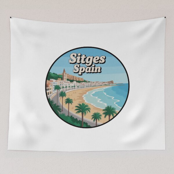Item preview, Sitges Spain - Retro Travel Coastal Beach Design with Palm Trees, Mediterranean Souvenir Decal designed and sold by CircinusStore.