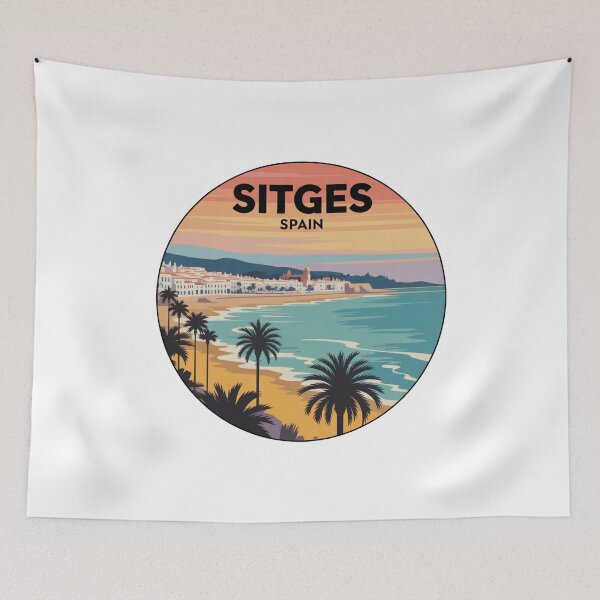 Item preview, Sitges Spain - Retro Sunset Beach Art, Mediterranean Travel Decal, Spanish Coastal Town Souvenir, Palm Trees Ocean View designed and sold by CircinusStore.