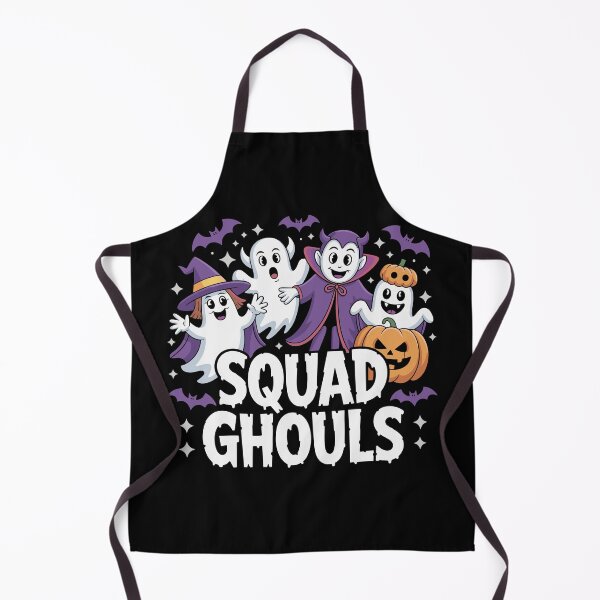 Aperçu de l'œuvre Squad Ghouls : Quatre fantômes de dessins animés, chacun arborant un costume d'Halloween différent : chapeau de sorcière, cornes de diable, cape de vampire et masque de citrouille, flottent ensemble. Pour les fêtes d'Halloween. créée et vendue par Grang Art Artistic Designs.