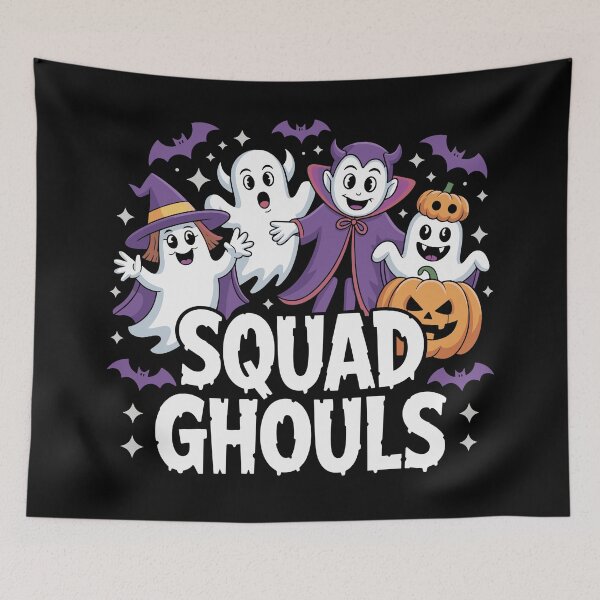 Item preview, Squad Ghouls: Four cartoon ghosts, each rocking a different Halloween costume, witch hat, devil horns, vampire cape, and pumpkin mask, float together. For the Halloween Festive Season designed and sold by Grang Art Artistic Designs.