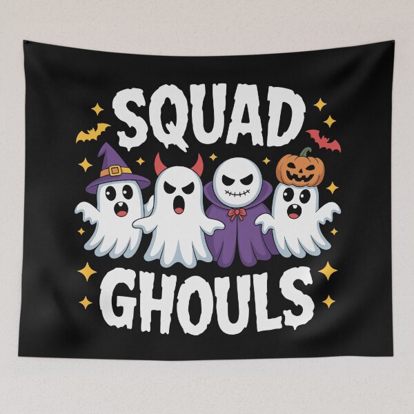 Item preview, Haunting Homies: Four cartoon ghosts, each rocking a different Halloween costume, witch hat, devil horns, vampire cape, and pumpkin mask, float together. For the Halloween Festive Season designed and sold by Grang Art Artistic Designs.