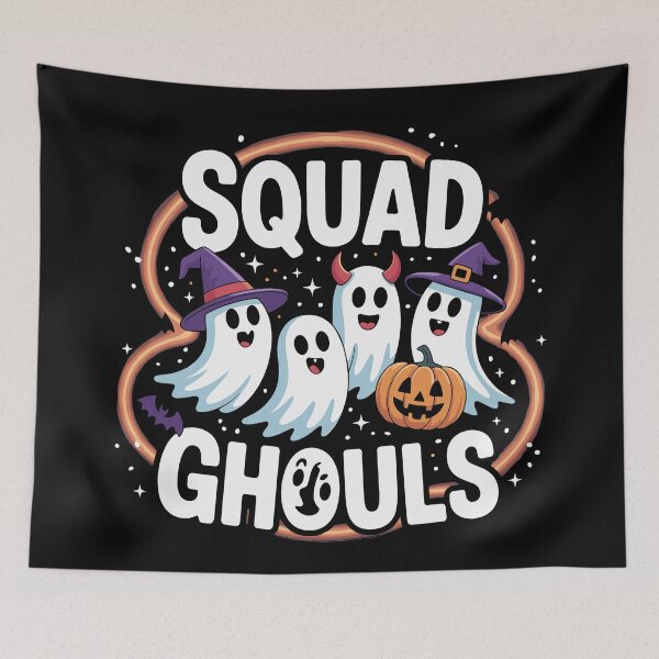Item preview, The Spooky Posse: Four cartoon ghosts, each rocking a different Halloween costume, witch hat, devil horns, vampire cape, and pumpkin mask, float together. For the Halloween Festive Season designed and sold by Grang Art Artistic Designs.