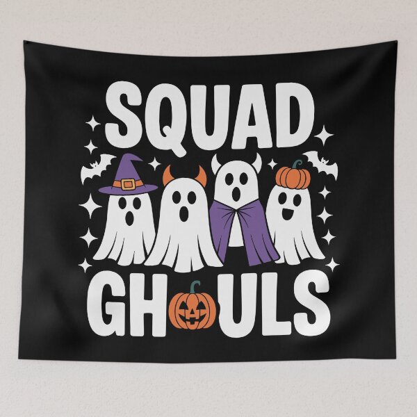 Item preview, The Haunting Huddle: Four cartoon ghosts, each rocking a different Halloween costume, witch hat, devil horns, vampire cape, and pumpkin mask, float together. For the Halloween Festive Season designed and sold by Grang Art Artistic Designs.