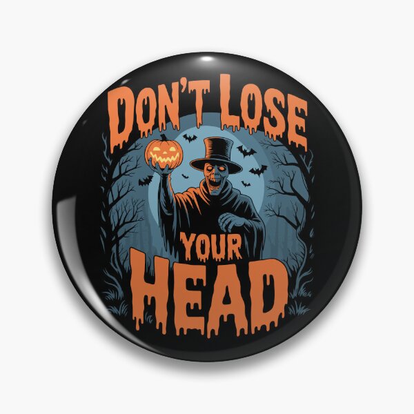 Item preview, Don't Lose Your Head: The Headless Horseman holds his glowing pumpkin head high, framed by gnarled trees, bats, and swirling fog. For the Halloween Festive Season designed and sold by Grang Art Artistic Designs.