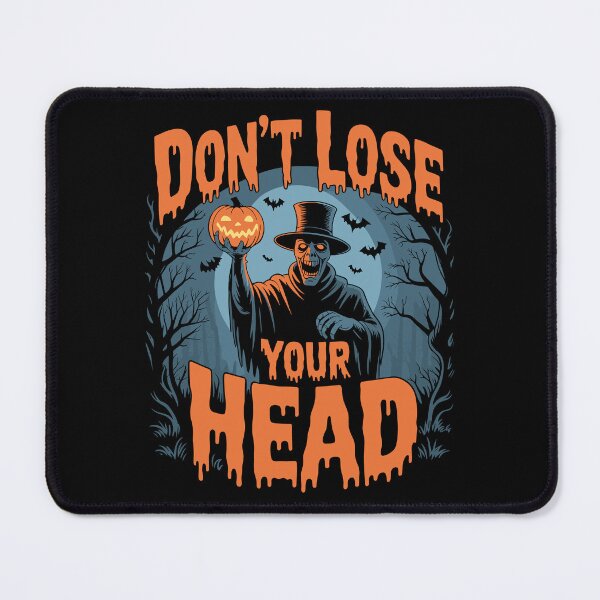 Item preview, Don't Lose Your Head: The Headless Horseman holds his glowing pumpkin head high, framed by gnarled trees, bats, and swirling fog. For the Halloween Festive Season designed and sold by Grang Art Artistic Designs.