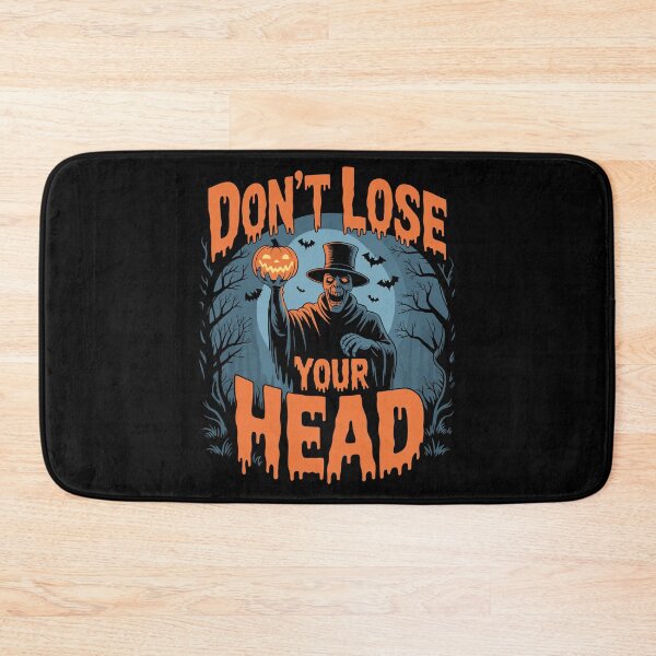 Item preview, Don't Lose Your Head: The Headless Horseman holds his glowing pumpkin head high, framed by gnarled trees, bats, and swirling fog. For the Halloween Festive Season designed and sold by Camel & Quirk.