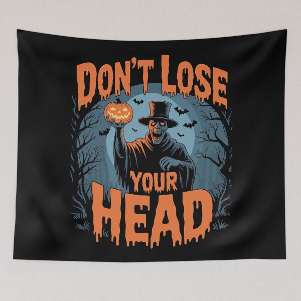 Item preview, Don't Lose Your Head: The Headless Horseman holds his glowing pumpkin head high, framed by gnarled trees, bats, and swirling fog. For the Halloween Festive Season designed and sold by Grang Art Artistic Designs.