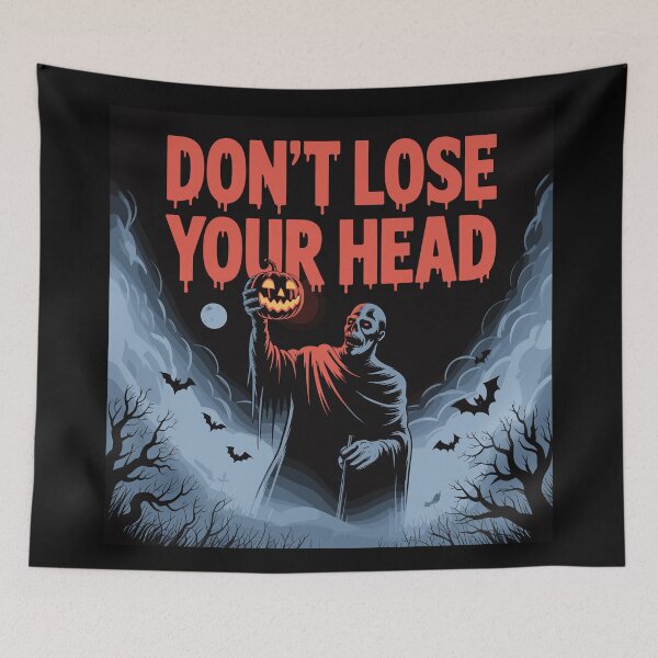 Item preview, Headless Haunt: The Headless Horseman holds his glowing pumpkin head high, framed by gnarled trees, bats, and swirling fog. For the Halloween Festive Season designed and sold by Grang Art Artistic Designs.