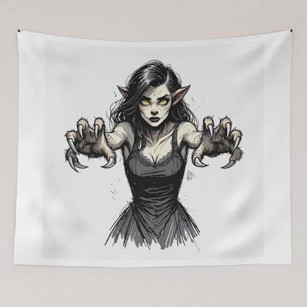 Item preview, Werewolf girl posing hand drawn illustration designed and sold by Vintage Designs +.