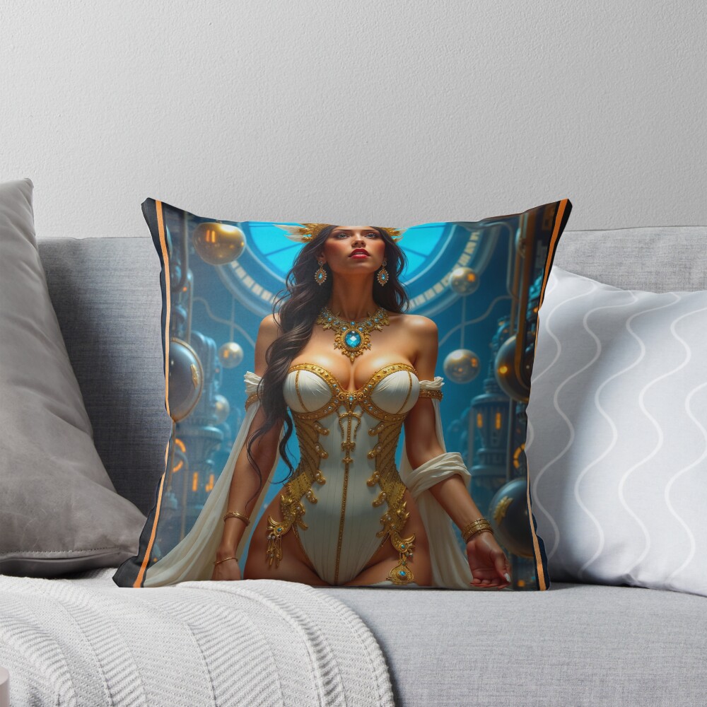 Neo-Classical Vision Of Elenora In The Helpian Lab Stunning AI Concept Art by Xzendor7 Decorative Art Print Throw Pillow
