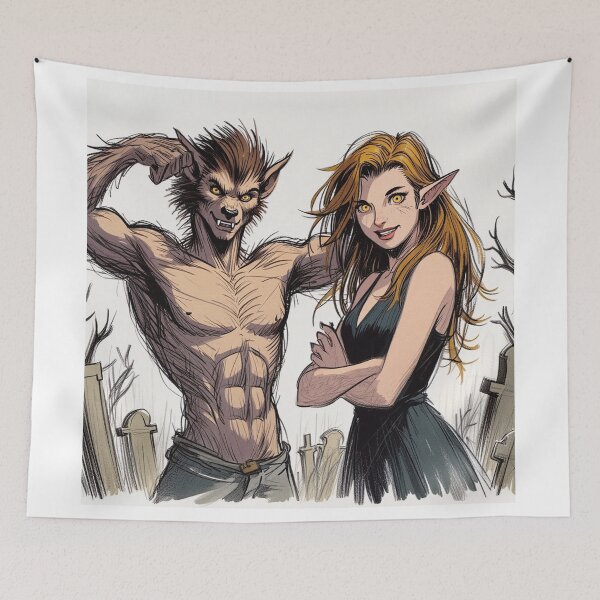 Item preview, Werewolf male and female cool halloween graphic novel style illustration art designed and sold by Vintage Designs +.