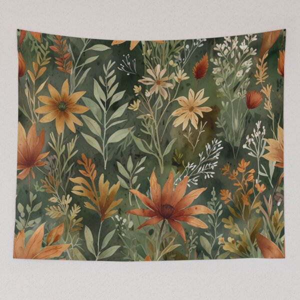 Item preview, Green leaves orange flower pattern cottagecore aesthetic  designed and sold by cocomelon168.