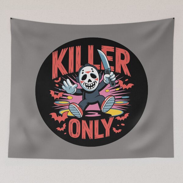 Item preview, KILLER VIBES ONLY: is the motto of this creepy-funny design, with bold, distressed red letters. A cartoon slasher character. For the Halloween Festive Season designed and sold by Grang Art Artistic Designs.
