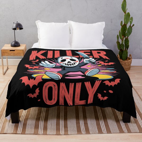 Item preview, Disco Slasher: is the motto of this creepy-funny design, with bold, distressed red letters. A cartoon slasher character. For the Halloween Festive Season designed and sold by Grang Art Artistic Designs.