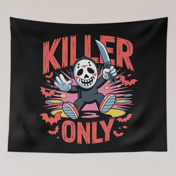 Item preview, Disco Slasher: is the motto of this creepy-funny design, with bold, distressed red letters. A cartoon slasher character. For the Halloween Festive Season designed and sold by Grang Art Artistic Designs.