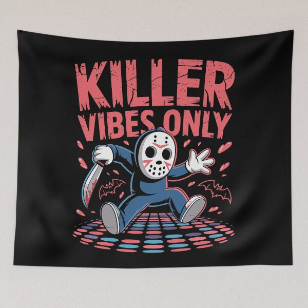 Item preview, Dancefloor Demise: is the motto of this creepy-funny design, with bold, distressed red letters. A cartoon slasher character. For the Halloween Festive Season designed and sold by Grang Art Artistic Designs.