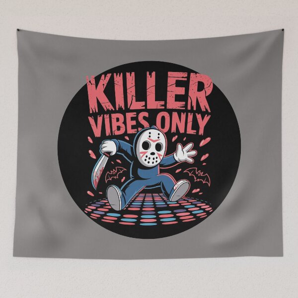 Item preview, Groovy Ghoulish: is the motto of this creepy-funny design, with bold, distressed red letters. A cartoon slasher character. For the Halloween Festive Season designed and sold by Grang Art Artistic Designs.