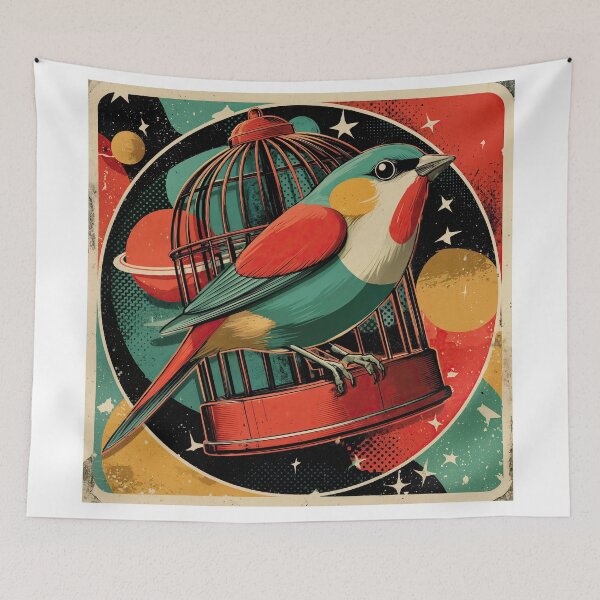 Item preview, Cosmic Aviary: Retro Bird in a Surreal Space Cage designed and sold by ForeverPrintsOK.
