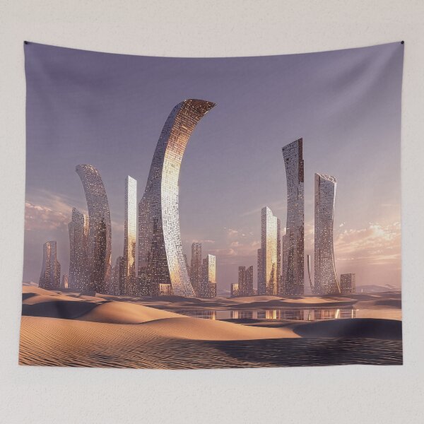 Item preview, Futuristic Surreal Skyscrapers In Desert Landscape At Sunset designed and sold by Jirka Svetlik, Studio Illuvision.