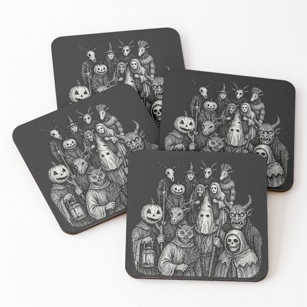Item preview, A gang of terrifying Samhain mummers. Halloween. Black and white design. B/W. designed and sold by Sira y El Loco.