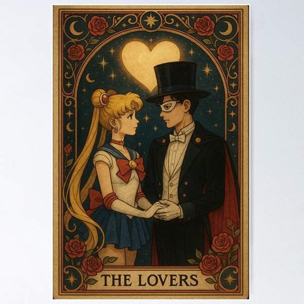 Aperçu de l'œuvre Sailor Moon et le masque de smoking – La carte de tarot des amoureux créée et vendue par MaBakerArt.