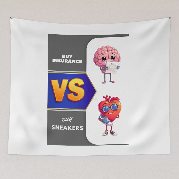 Item preview, "Brain vs Heart – Buy Insurance vs Buy Sneakers" designed and sold by Red White Blue Studio.