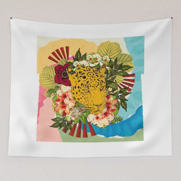 Item preview, Golden Jaguar Jungle Glow – Cosmic Nature Collage Art Print designed and sold by GlauciaSouEu.