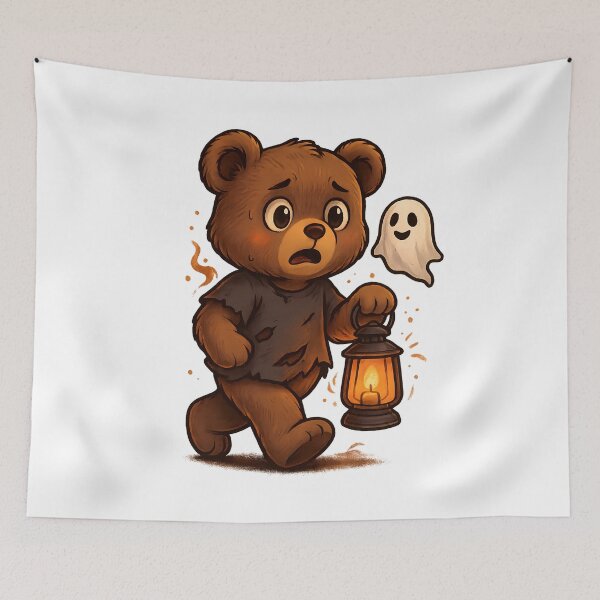 Item preview, Cute Halloween Bear with Lantern and Ghost – Spooky Kawaii Illustration designed and sold by Minimochi Art.