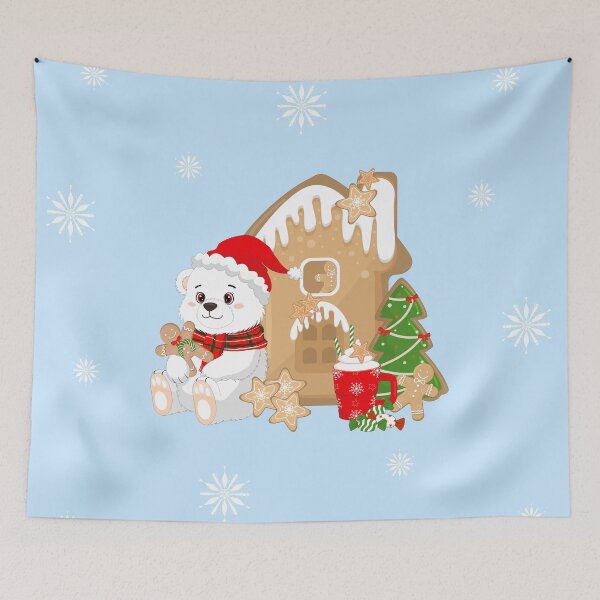 Item preview, Cute Polar Bear in Santa Hat with Gingerbread House and Hot Chocolate.  designed and sold by JohanaStyle.