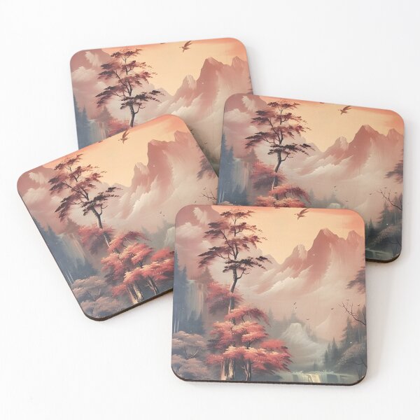 Item preview, Vintage Mountain River Landscape, Rustic River Landscape Painting, Mountain Art Print, Nature Decor, Forest Trees Print, Orange Landscape designed and sold by SavageVision.