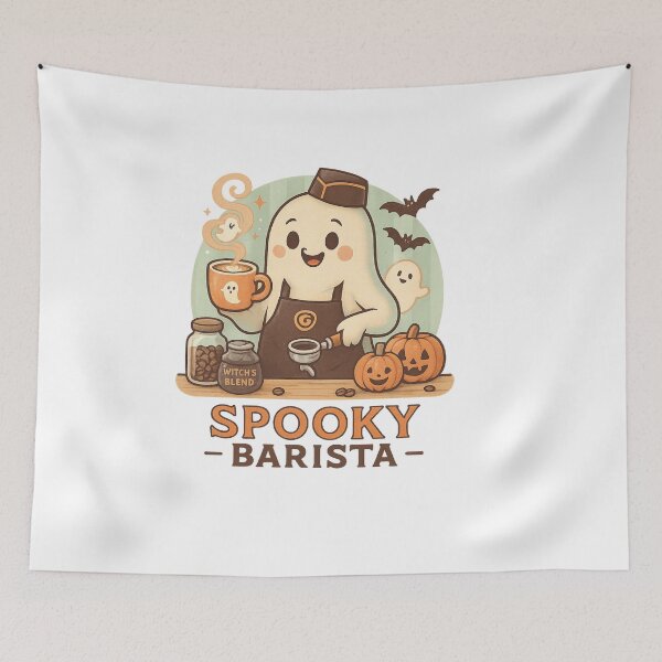 Item preview, Spooky Barista – Cute Coffee‑Loving Ghost with Pumpkins and Bats designed and sold by VibeOasis.