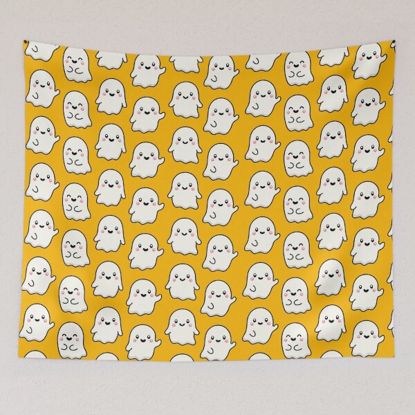Item preview, Yellow Texture CUTE and Adorable GHOST waving Happy Halloween Kawaii designed and sold by DibujandoPorfa.