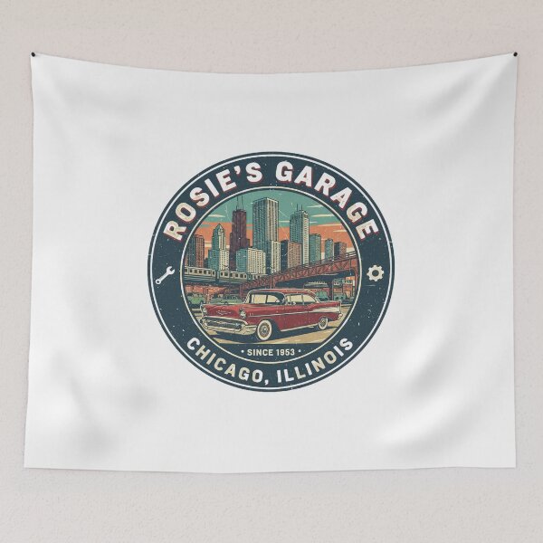 Item preview, Rosie's Garage - Chicago, Illinois - Vintage Cityscape Car Art designed and sold by RedDelaney.